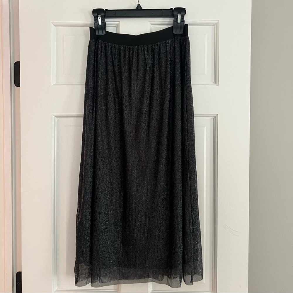Tezenis Black Metallic Shimmer Overlay Elastic Waist Midi Skirt - Size M/L